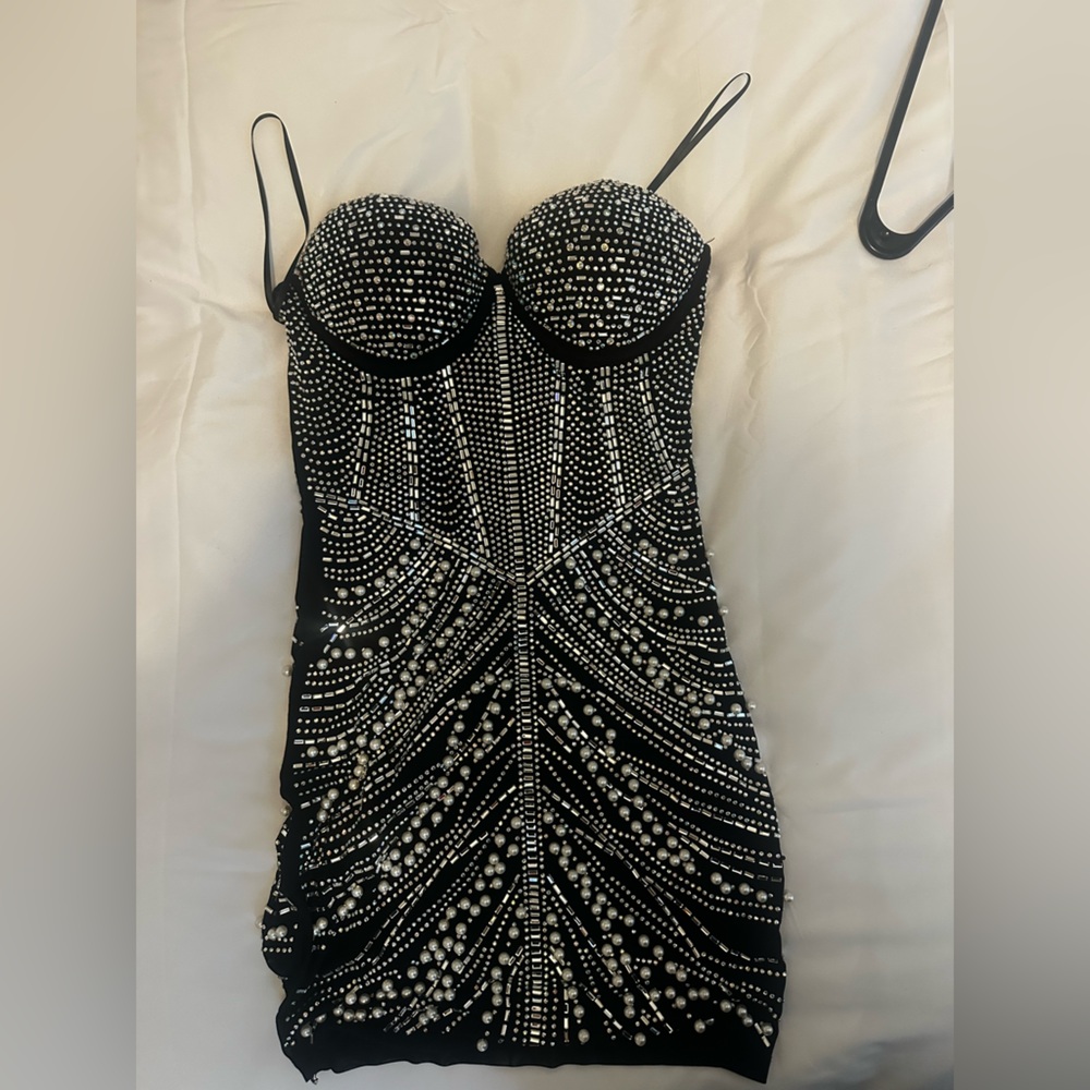 Fashion Nova Black and Silver Embellished Bustier Cocktail Dress
